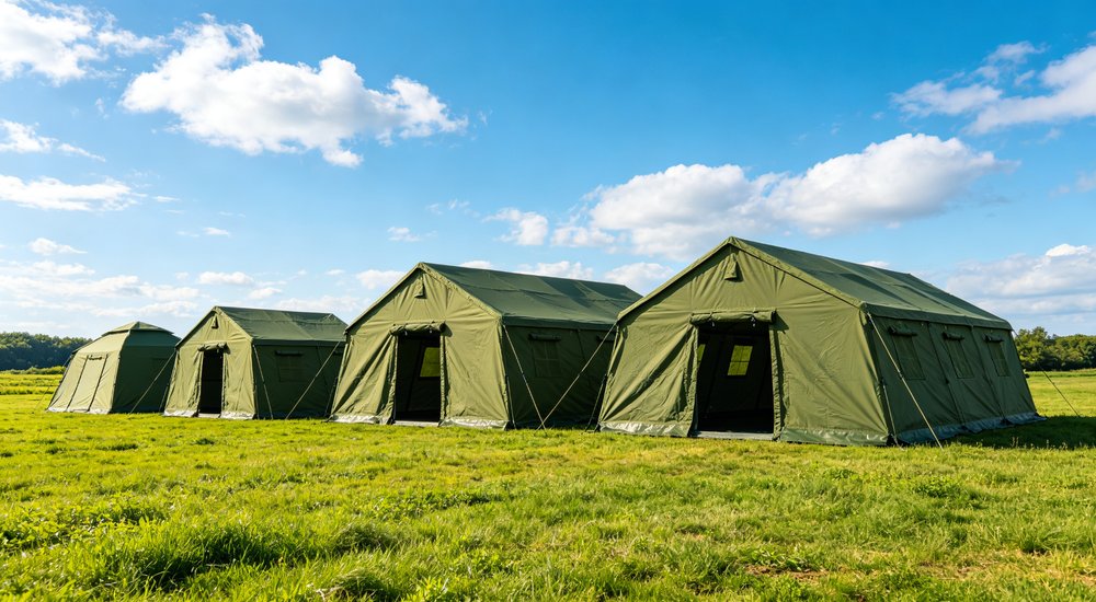Professional emergency relief tent photographed in field deployment showing sturdy construction waterproof fabric and steel frame design suitable for disaster response and humanitarian aid operations