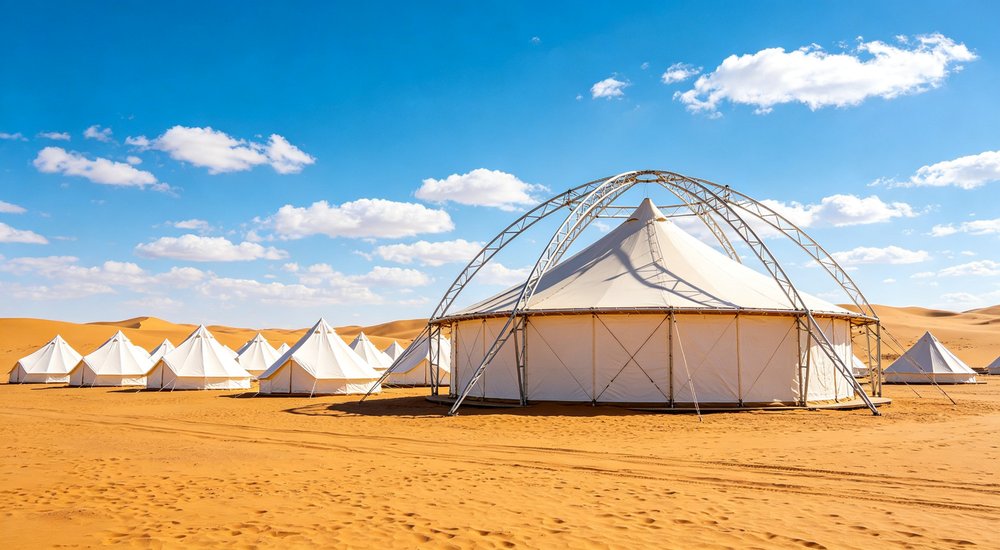Field deployed emergency shelter showing robust frame construction waterproof material and practical design features meeting international standards for disaster response and refugee accommodation