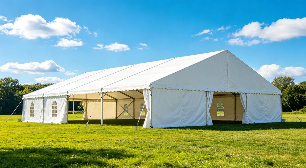 Humanitarian relief tent photographed at aid distribution camp providing reliable shelter with strong steel framework quality stitching and weather resistant fabric for disaster affected communities