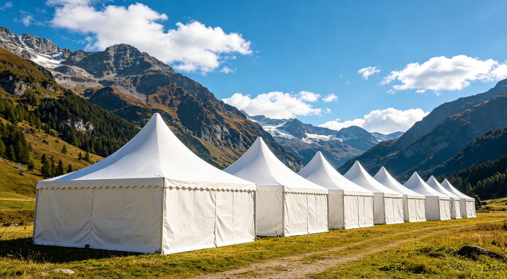 Professional emergency relief tent photographed in field deployment showing sturdy construction waterproof fabric and steel frame design suitable for disaster response and humanitarian aid operations