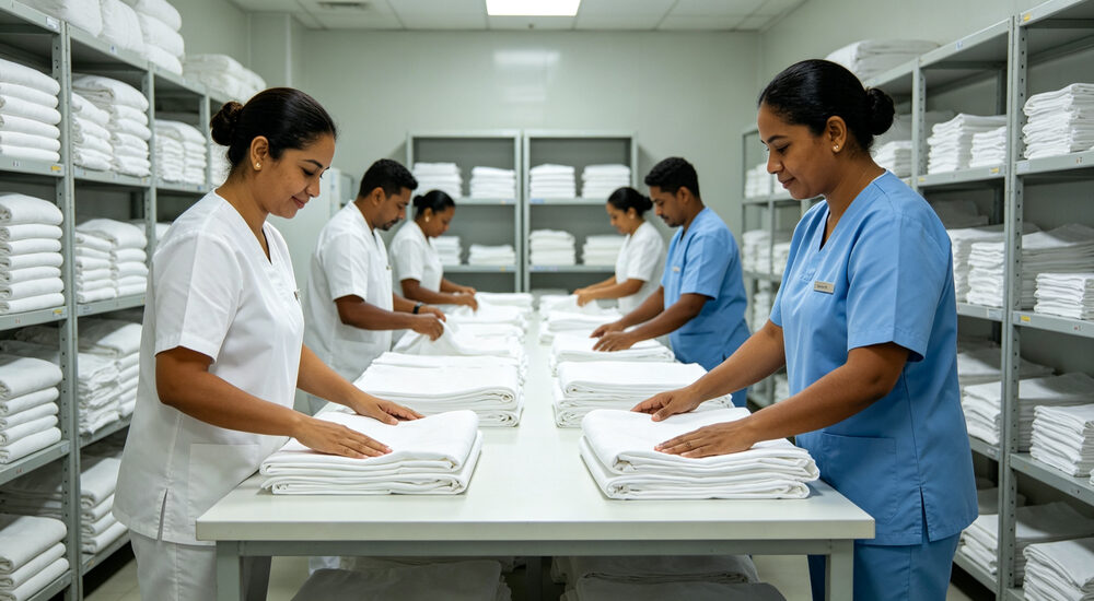 Institutional bedding product display showing material quality and design details for commercial procurement decision making suitable for emergency shelters hospitals universities and hotels requiring durable comfortable bedding solutions