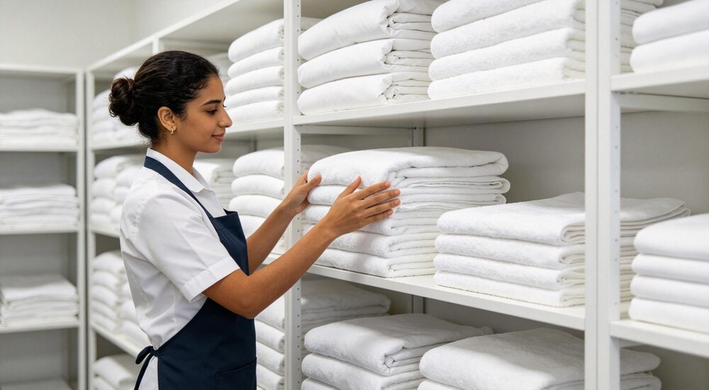Commercial laundry facility scene with industrial washing machines processing institutional bedding for high volume facilities suitable for emergency shelters hospitals universities and hotels requiring durable comfortable bedding solutions