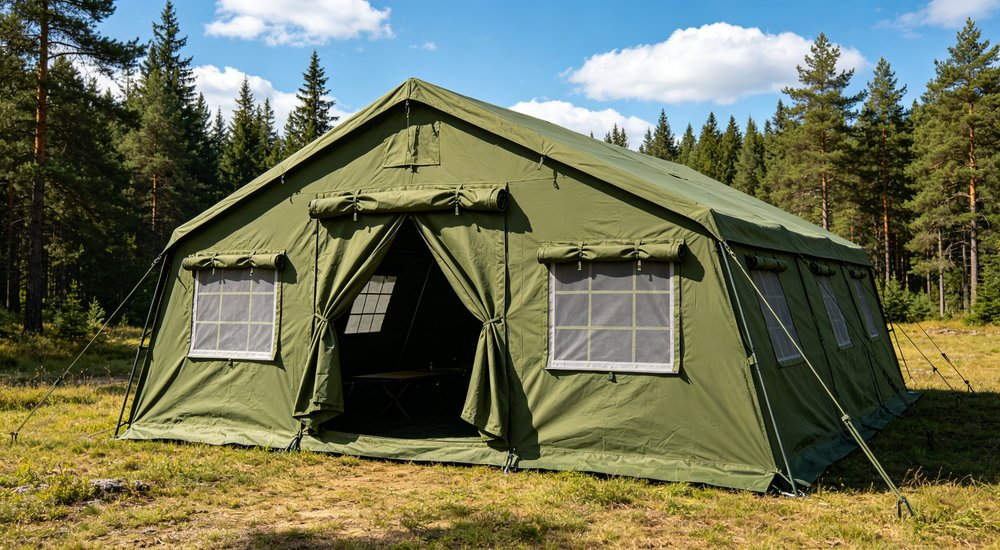 Emergency relief tent camp established after major natural disaster providing temporary shelter for hundreds of displaced families with organized sanitation and support facilities