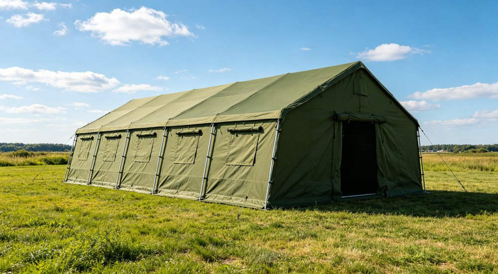 Humanitarian aid distribution area with emergency relief tents serving as collection points where relief workers provide food water and supplies to affected populations