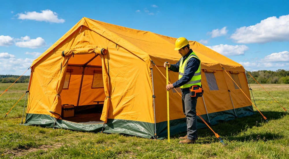 Medical rescue operation area with emergency tents serving as field treatment stations for disaster victims receiving first aid and emergency healthcare from medical teams