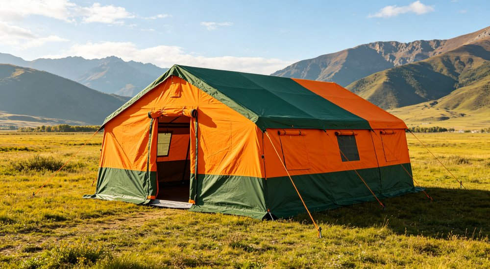 Field deployed emergency shelter showing robust frame construction waterproof material and practical design features meeting international standards for disaster response and refugee accommodation