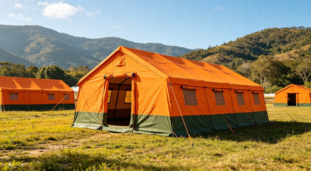 Heavy duty emergency frame tent displayed in operational setting demonstrating quick setup capability durable canvas exterior and spacious interior capacity for humanitarian relief missions
