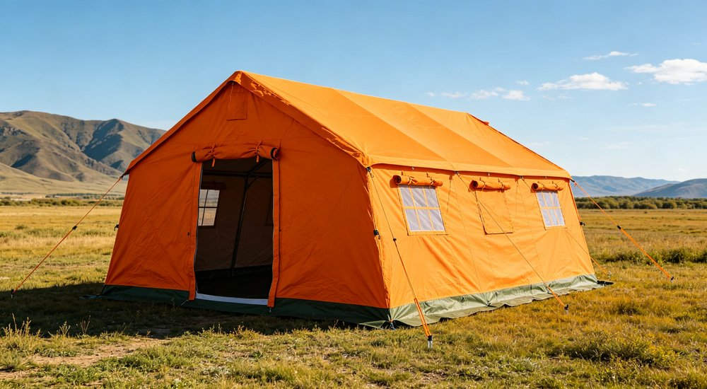 Field deployed emergency shelter showing robust frame construction waterproof material and practical design features meeting international standards for disaster response and refugee accommodation