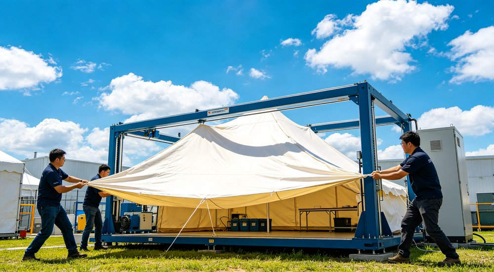 Humanitarian relief tent photographed at aid distribution camp providing reliable shelter with strong steel framework quality stitching and weather resistant fabric for disaster affected communities