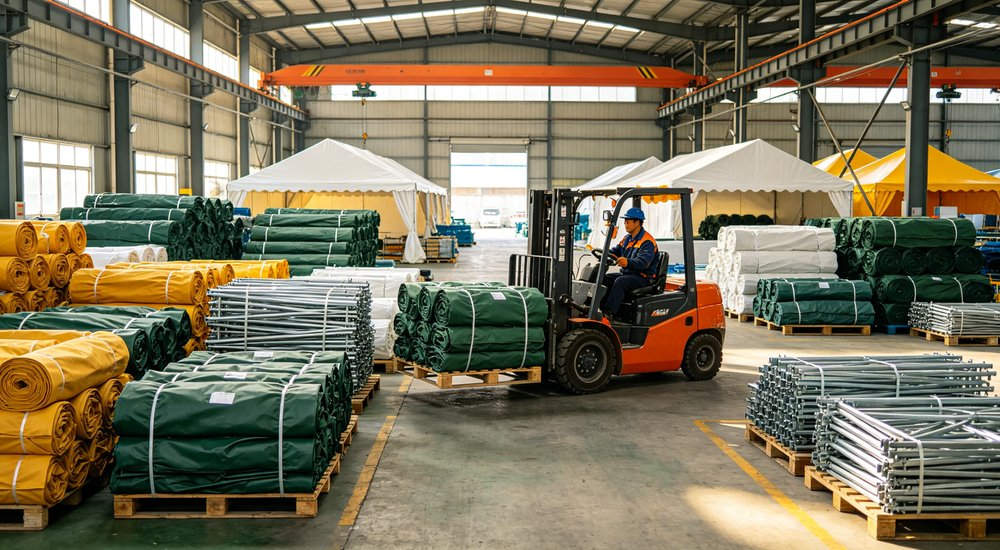 Large emergency shelter tent installed at disaster relief site providing weatherproof accommodation for affected populations with reinforced structure and quality materials visible