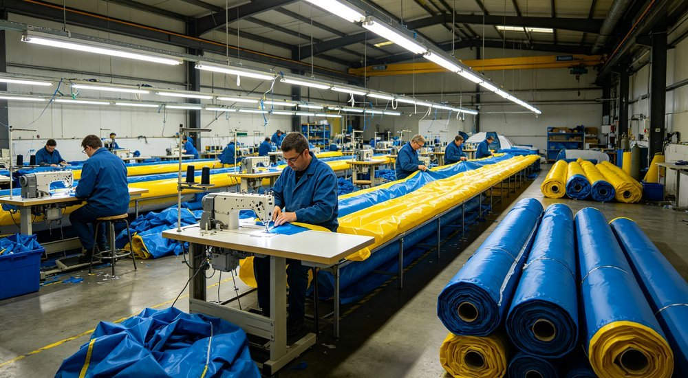 Wide angle shot of decontamination tent factory production line with workers assembling inflatable air beams and industrial sewing machines with blue yellow fabric rolls