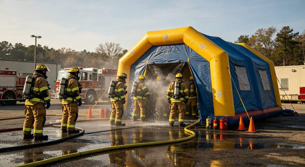 Wide angle shot of fire department decontamination training exercise with fir<p style=, professional product photography, blue sky background, designed for emergency response and disaster relief