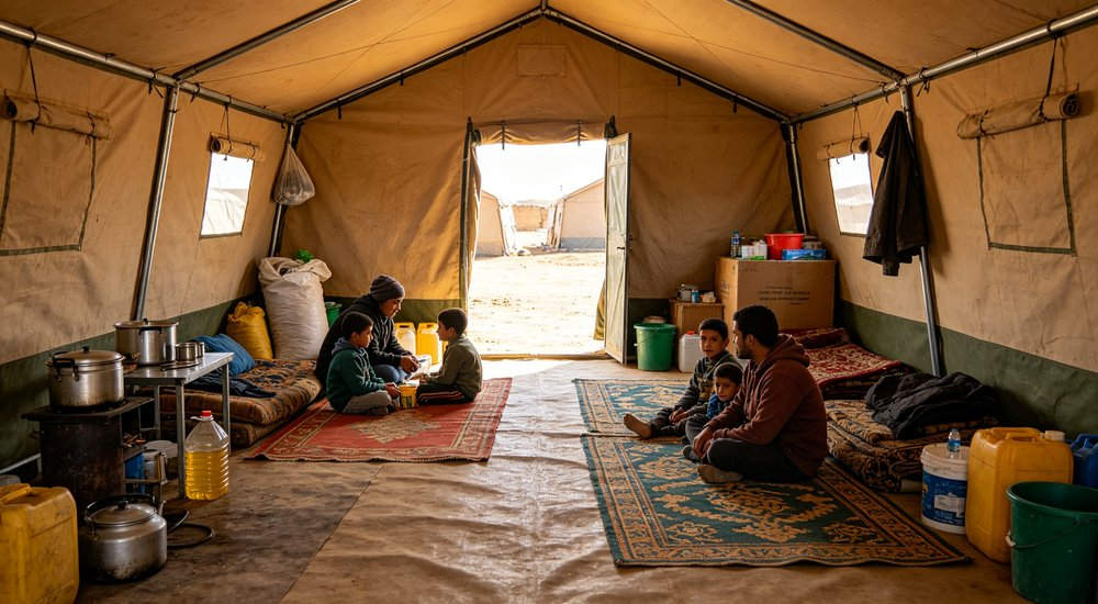Interior view of a spacious emergency relief tent showing adequate headroom natural lighting through windows and organized living space for displaced family accommodation