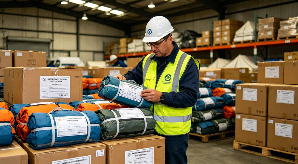 Field deployed emergency shelter showing robust frame construction waterproof material and practical design features meeting international standards for disaster response and refugee accommodation