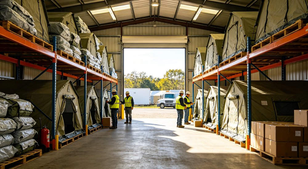 Heavy duty emergency frame tent displayed in operational setting demonstrating quick setup capability durable canvas exterior and spacious interior capacity for humanitarian relief missions