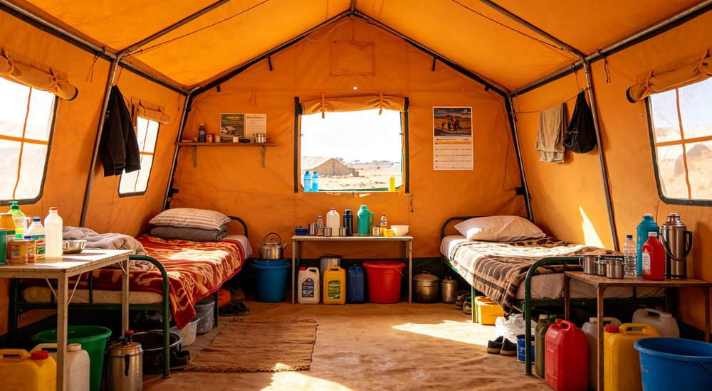 Heavy duty emergency frame tent displayed in operational setting demonstrating quick setup capability durable canvas exterior and spacious interior capacity for humanitarian relief missions