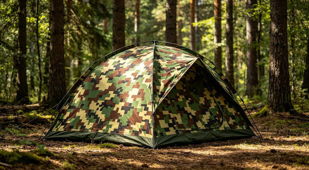 Digital pixelated camouflage military tent set in forest environment surrounded by tall trees, natural concealment blending with woodland background, realistic outdoor photography