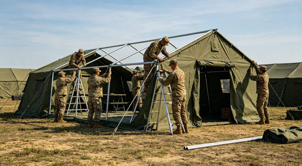 Group of soldiers assembling military tent together, steel frame construction setup process, teamwork in outdoor field, sunny day, realistic documentary photography