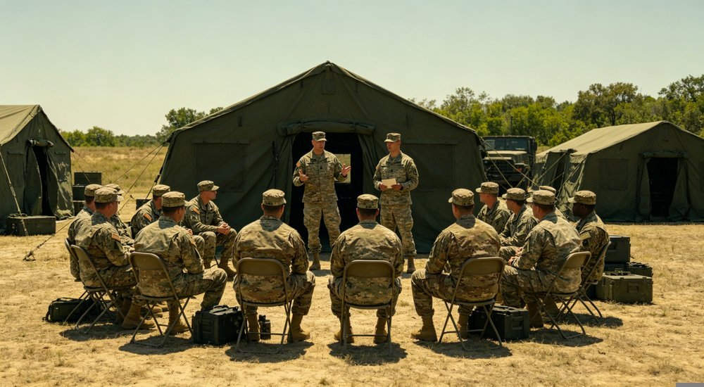 wide view of military camouflage tent in field training exercise