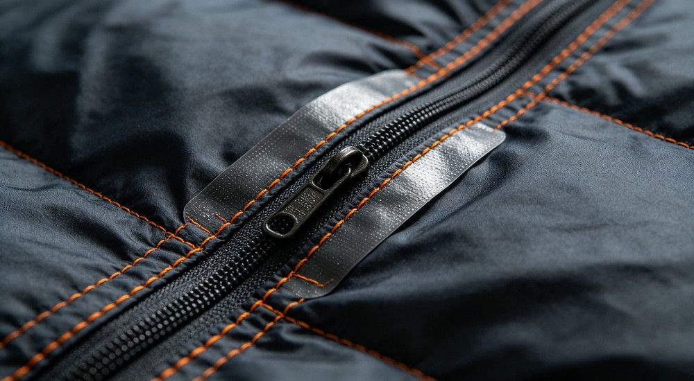 Orange sleeping bag fabric close-up with water beading on surface, macro product photography, dark background, studio lighting, demonstrating water repellent performance