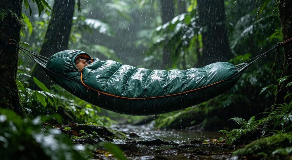 Side by side comparison of two sleeping bag fabrics, left textured water-repellent polyester and right smooth waterproof PU coated Oxford, neutral studio background