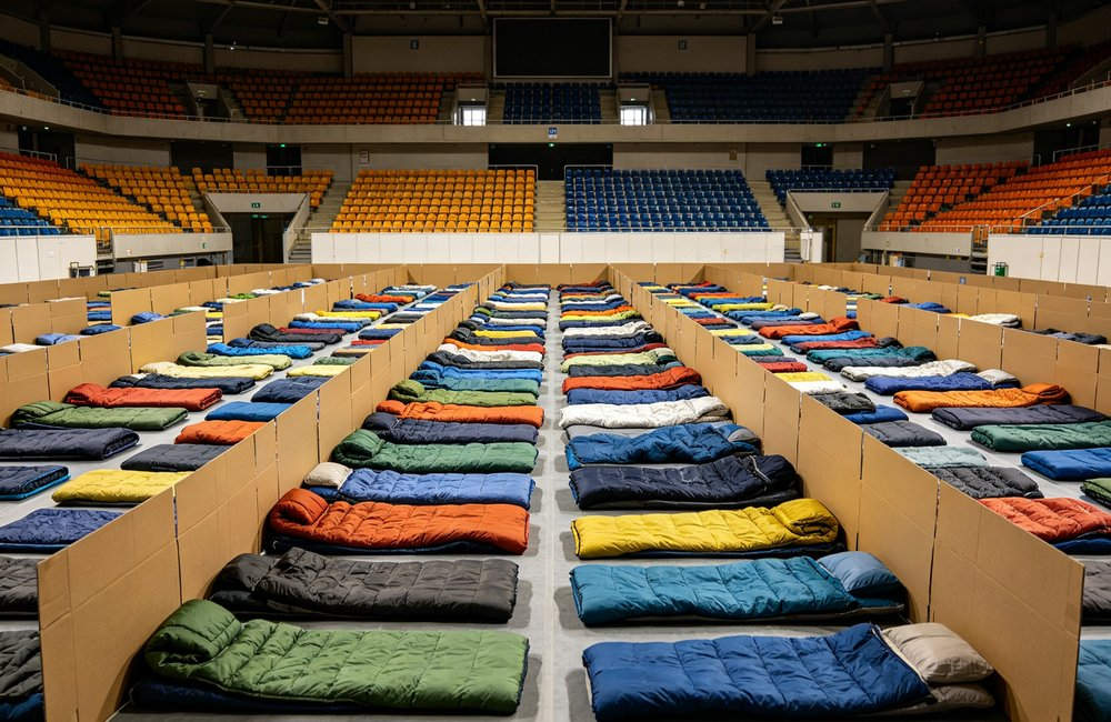 Wide angle view of emergency temporary shelter in sports arena with neat rows of colorful envelope sleeping bags laid flat on floor, large scale institutional accommodation, bright indoor lighting, no people