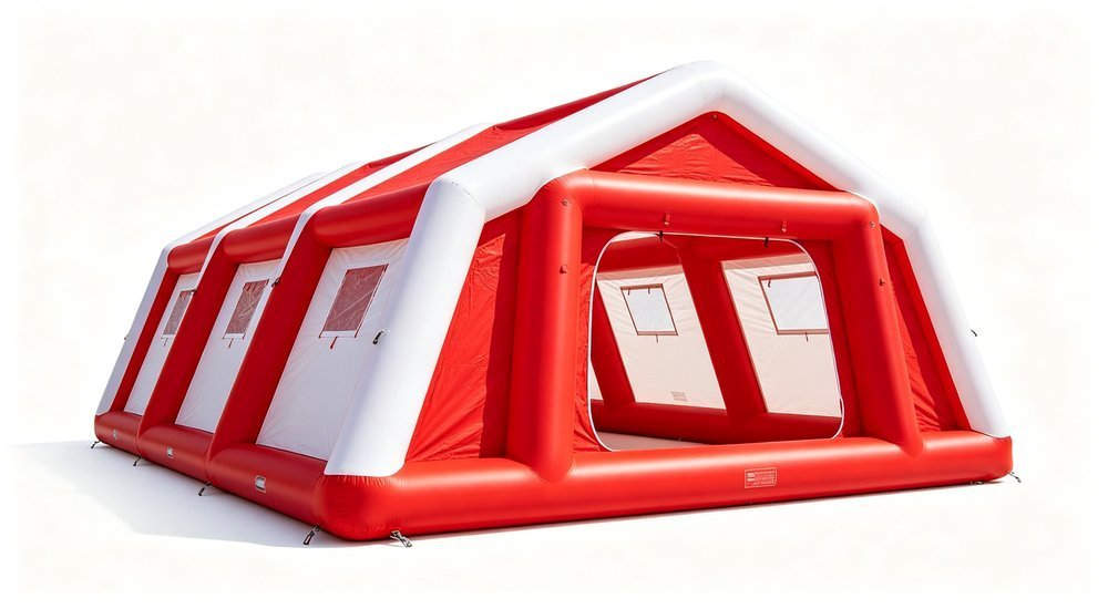 Forty five degree view of red and white inflatable emergency tent, smooth air beam structure with no metal poles visible, bright daylight professional product photography