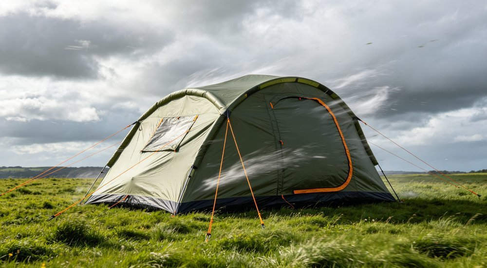 Inflatable emergency tent in strong wind with guy lines fully secured, weather resistance field test on outdoor grass, realistic photography