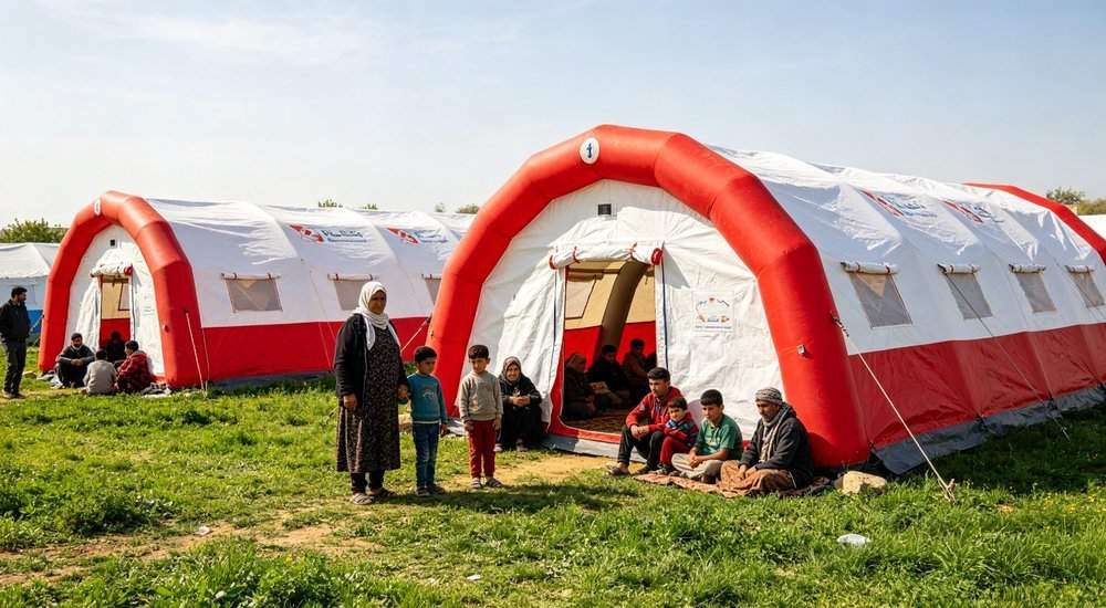 Refugee shelter camp with red and white inflatable tents, humanitarian aid operation on outdoor field, documentary photography of disaster response