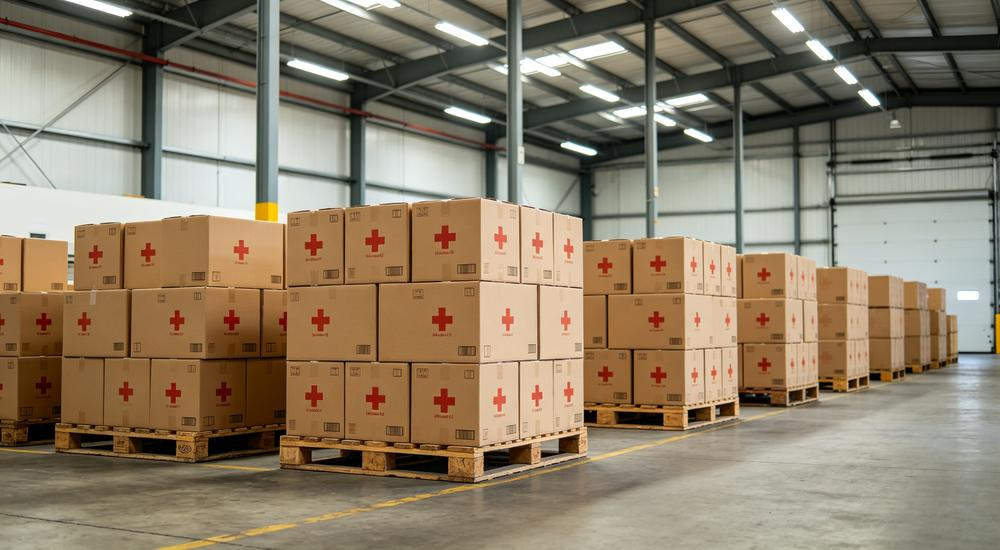 Wide angle shot of warehouse interior with neatly stacked brown cardboard boxes printed with red cross symbols on wooden pallets under bright industrial lighting