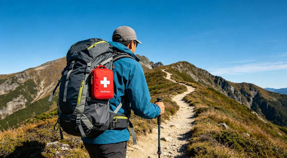 Rear view of hiker with blue jacket and gray cap wearing large backpack with red first aid pouch attached walking mountain trail under blue sky