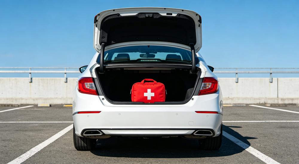 Rear view of white sedan car with trunk open showing red first aid kit inside parked on asphalt lot under clear blue sky
