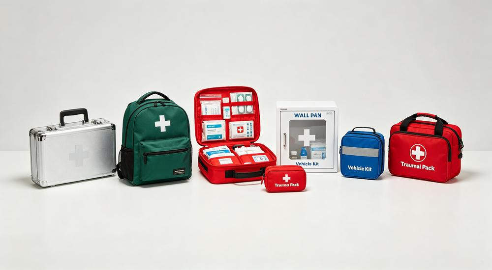 Product overview shot of six different first aid kit types arranged in a row on clean white surface showing variety from hard case to trauma pack