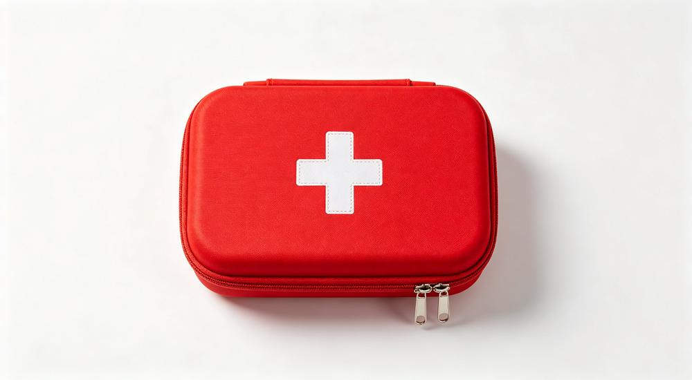 Studio product shot of red EVA hard shell first aid kit with white cross on pure white background showing handle and zippers