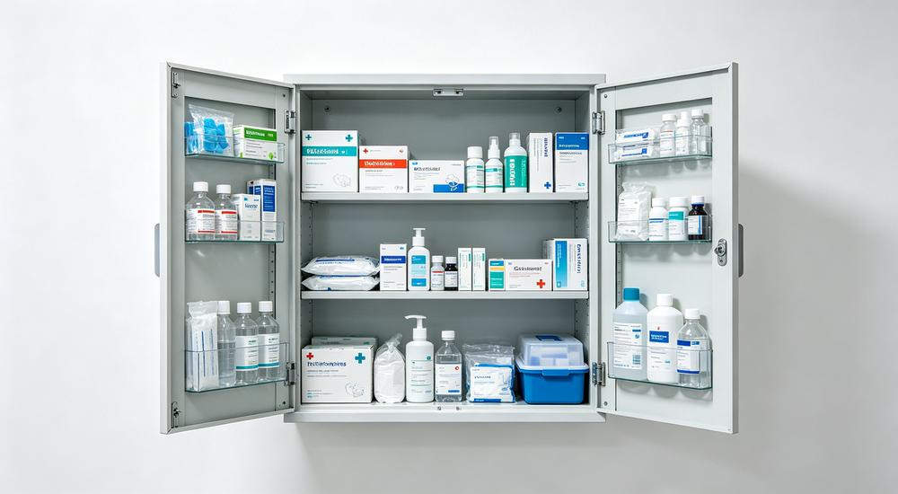 Front view of double-door silver metal wall cabinet opened on white wall showing neatly arranged medical bottles and supplies on shelves