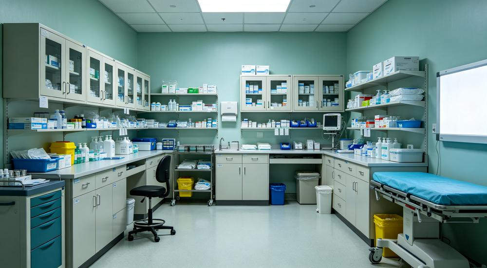 Wide interior shot of well-organized first aid room with white cabinets shelves and blue examination table in clean medical facility