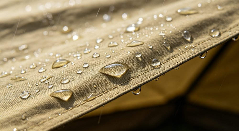 Premium textile laboratory close-up of three luxurious tent fabric swatches: deep navy 600D Oxford, charcoal gray PVC coated, and natural beige canvas with water droplets, soft dramatic side lighting on dark background