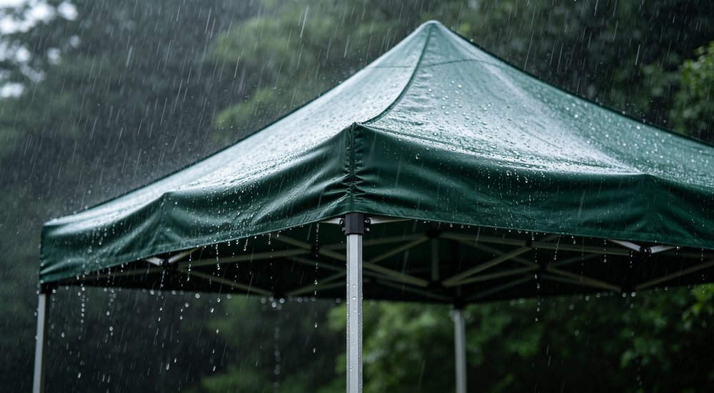 Dramatic storm scene with heavy torrential rain pounding large white emergency tent, lightning in dark sky, warm golden light glowing from tent interior, water sheeting off waterproof fabric, cinematic outdoor photography