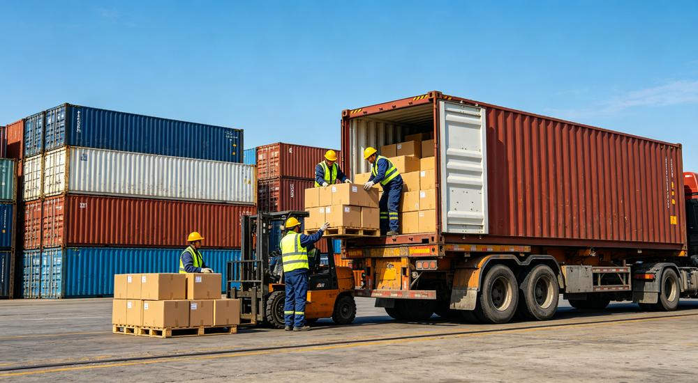 Port loading shot of workers in yellow helmets loading cardboard boxes into red shipping container with colorful containers stacked behind