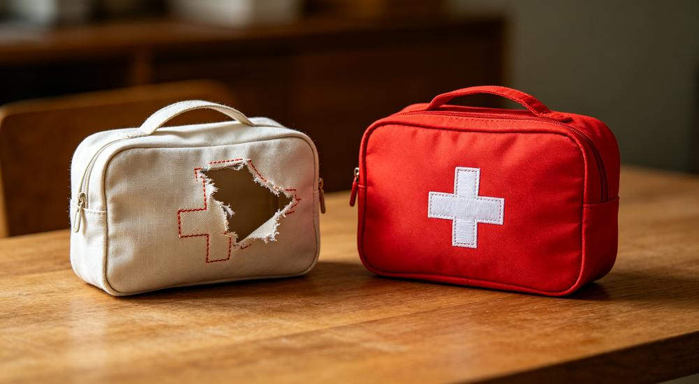 Comparison shot of cheap beige first aid kit with torn fabric beside premium red first aid kit with white cross on wooden table
