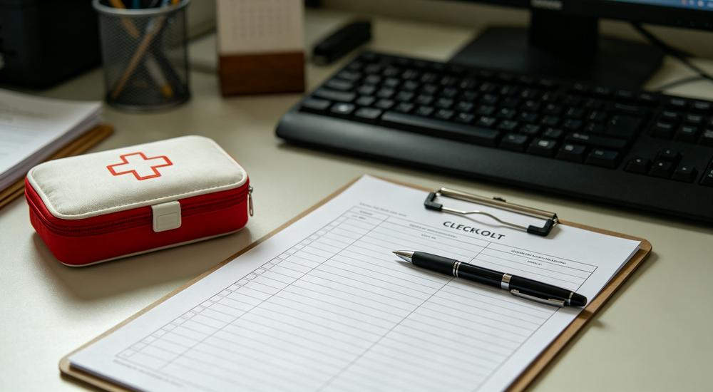 Office desk shot of blank checklist clipboard with pen beside small red first aid kit near computer keyboard