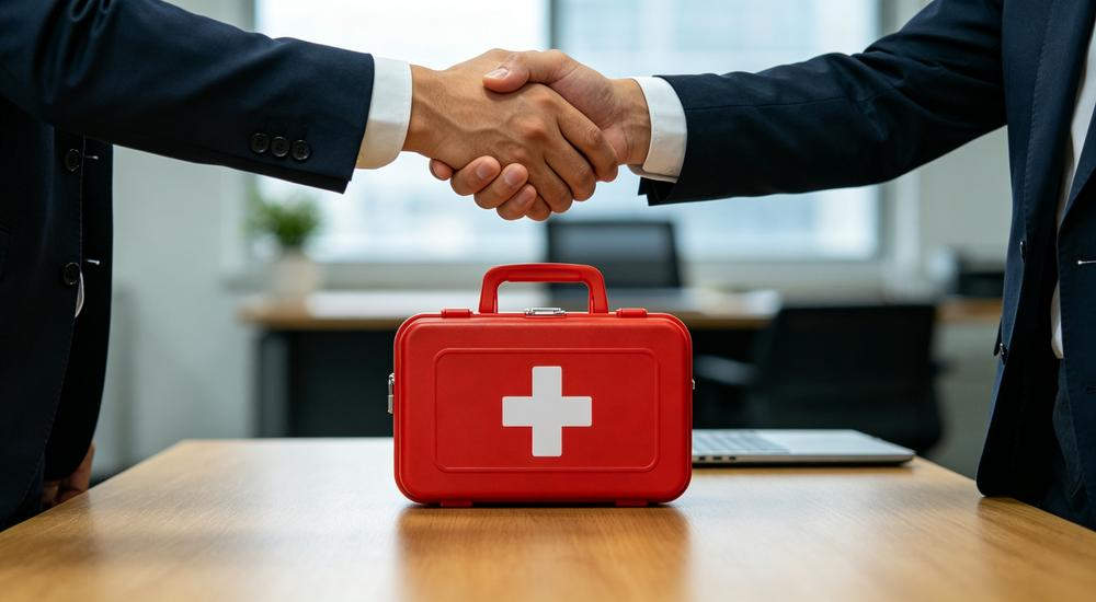 Business concept shot of two suited hands shaking over desk with red first aid kit centered between them in bright office