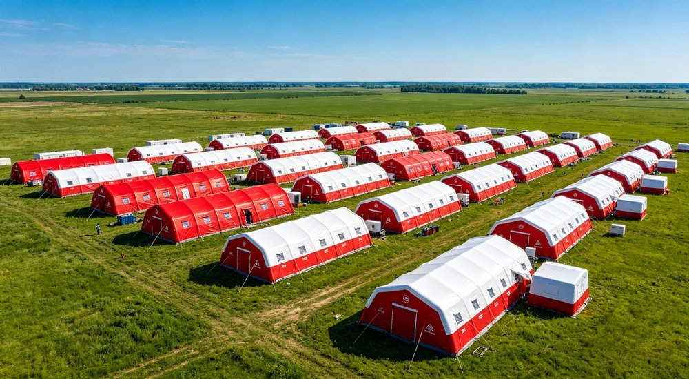 Wide aerial view of large disaster relief camp with rows of white emergency tents, humanitarian aid operation in progress, professional aerial photography of shelter deployment