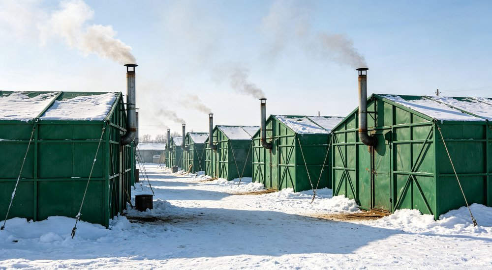 Winter refugee camp with snow covered steel frame tents, humanitarian shelter in cold climate conditions, professional outdoor photography for humanitarian relief shelter procurement with professional quality standards