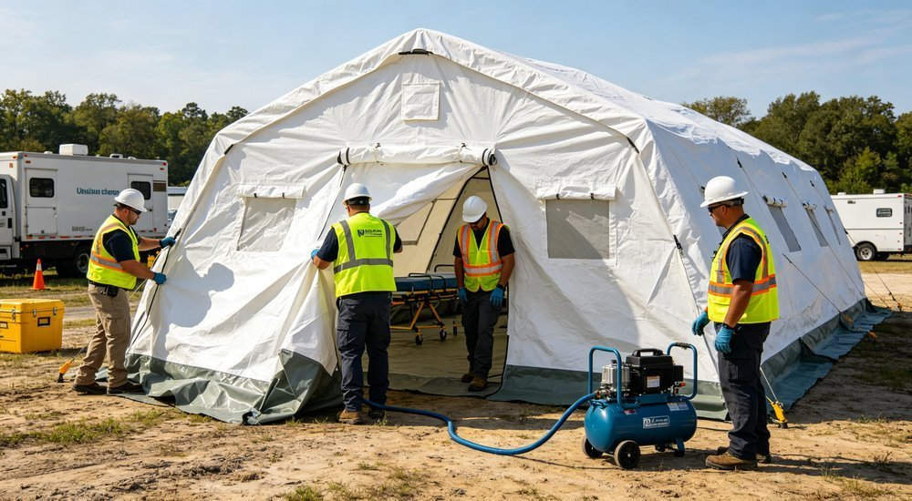 Medical team rapidly inflating emergency tent, fast deployment of field medical facility, professional humanitarian response photography for humanitarian relief shelter procurement with professional quality standards