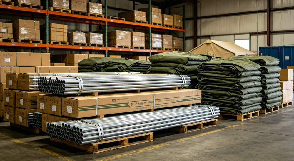 Humanitarian relief tent warehouse storage with organized inventory of emergency shelter units, professional logistics management for disaster response operations, industrial warehouse photography Humanitarian relief tent warehouse storage with organized inventory of emergency shelter units, professional logistics management for disaster response operations, industrial warehouse photography