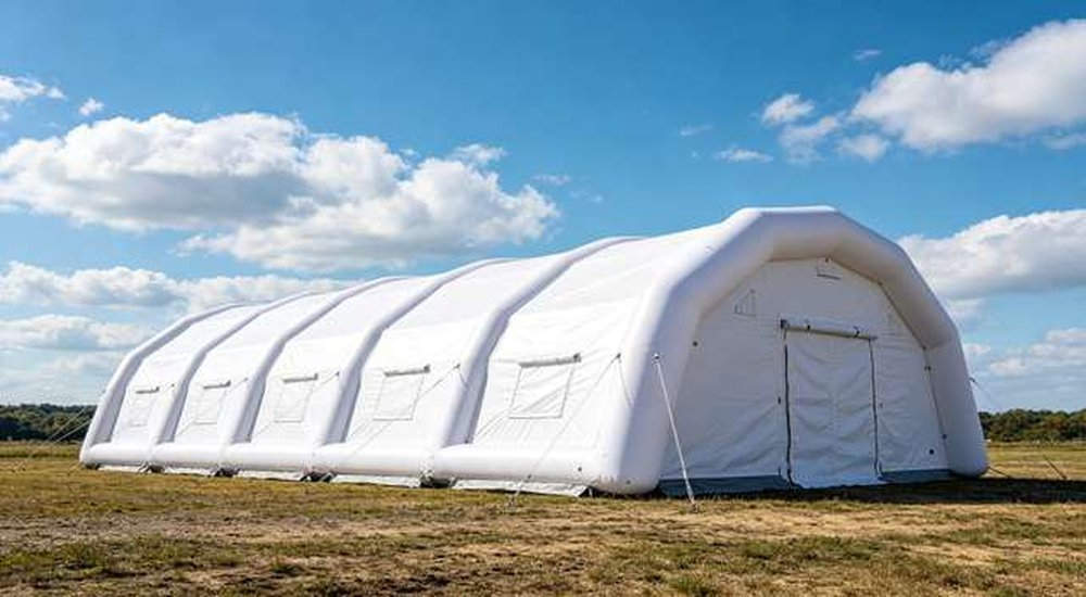 Professional wide shot of large white inflatable emergency tent outdoors with blue sky and white clouds, high quality OEM custom shelter for wholesale private label orders