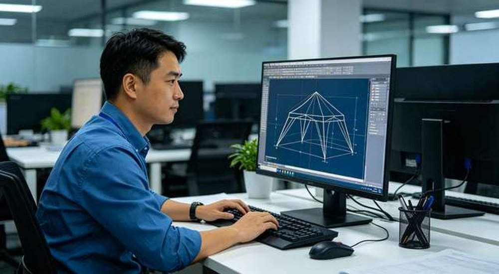 Asian Chinese engineer working on CAD software designing custom tent layout, professional custom tent design service, professional product photography, blue sky background