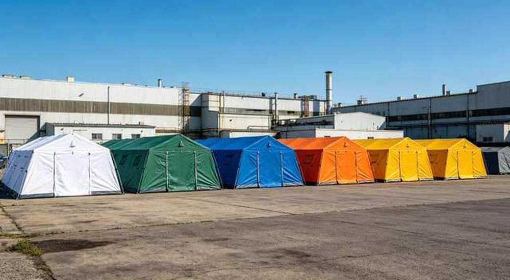 Multiple emergency tents in different colors arranged in row outdoors with blue sky, professional OEM manufacturing output, professional product photography