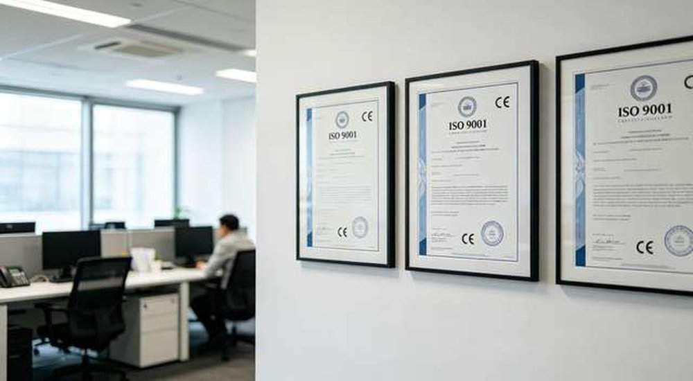 Professional quality certification documents on office wall, OEM tent manufacturer compliance and quality documentation, professional product photography, blue sky background